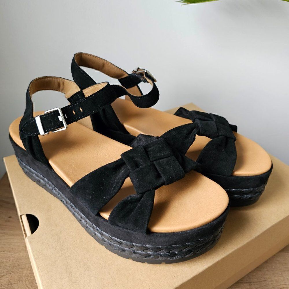 NEW IN BOX UGG NEUSCH BLACK GENUINE LEATHER PLATFORM SANDALS SIZE 9.5 - Picture 3 of 16